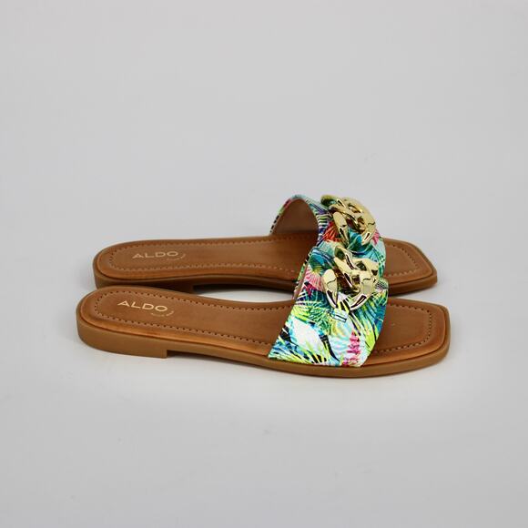 Aldo Ezio Buckled Flat Slide Sandals Womens Size 8.5 Bright Snake Multi Gold NEW - Picture 5 of 9